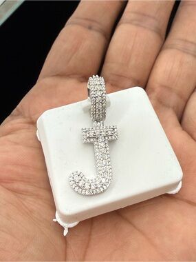 925 Sterling Silver Mossinite Diamond later J pendant